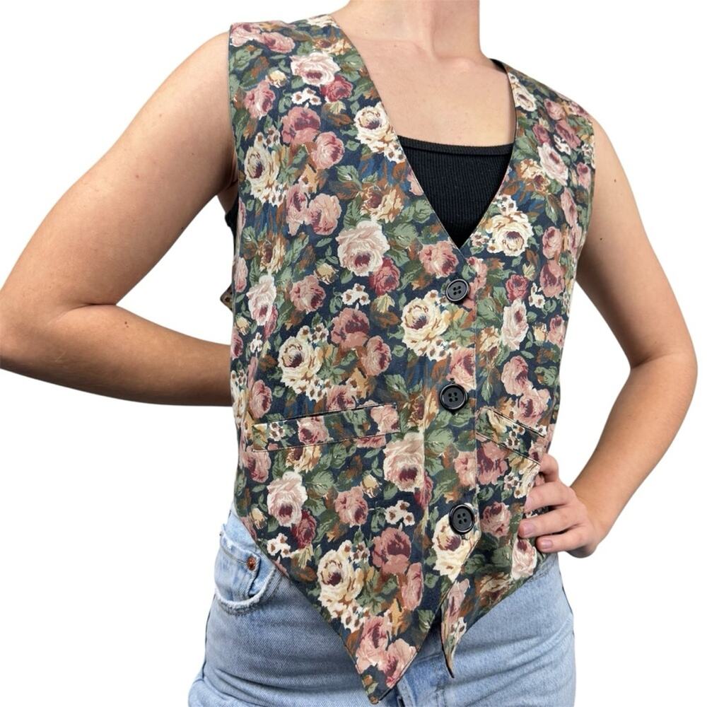 Vintage 90's Grannycore Floral Retro Hipster‎ Button Front Tie Back Vest Size M